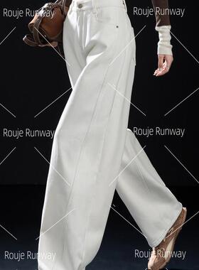 法式Rouje Runway白色加绒牛仔裤女冬季加厚小个子裤子宽松弯刀裤