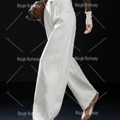 法式Rouje Runway白色加绒牛仔裤女冬季加厚小个子裤子宽松弯刀裤