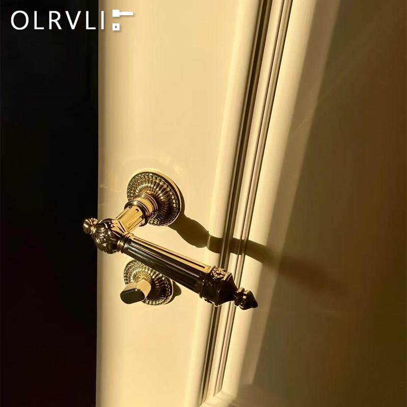olrvli黄铜金色法式覆古静音磁吸门锁中古欧式房门锁双门锁具