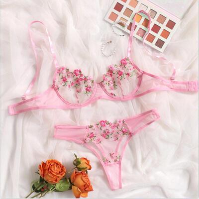 Sexy Low Waist Lace Flower Embroidery Fun Women's Bra Se