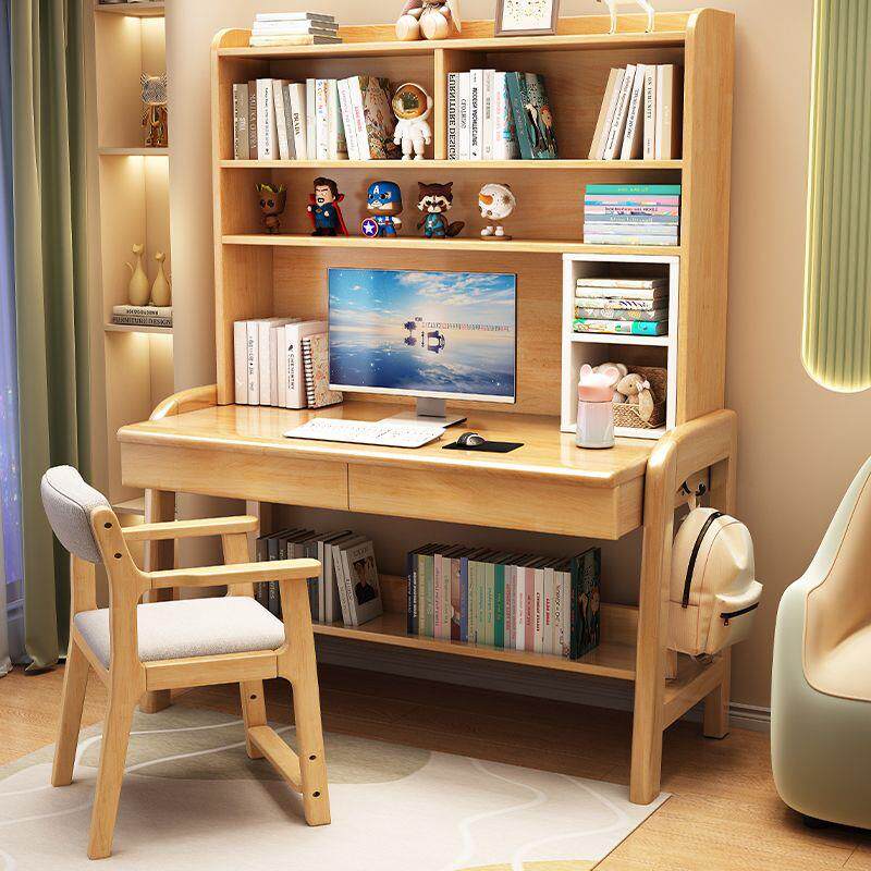 实木书桌家用可升降儿童学习写字桌子书架一体卧室学生电脑办公桌