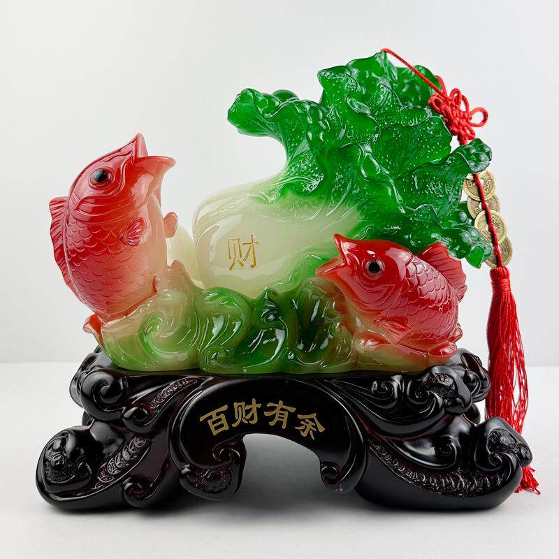 树脂厂家百财有余鲤鱼白菜摆件中式招财客厅办公桌背景玄关装饰