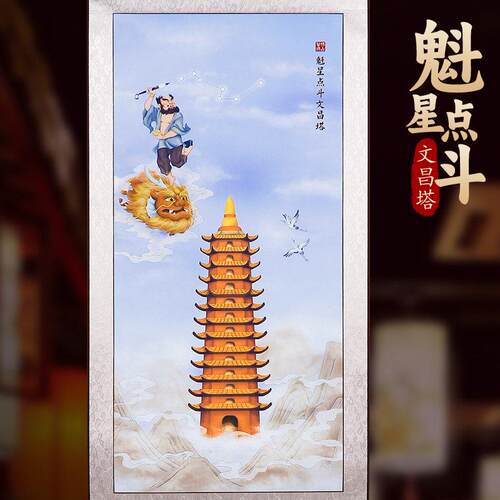道家挂画魁星点斗画金榜题名装饰画文昌塔客厅书房上岸丝绸卷轴画
