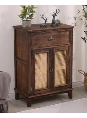 9CXKQ美式餐复古实客木门餐边柜藤编储物柜厅备柜带斗柜家用玄关