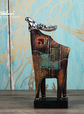 油画麋鹿油画鹿动物家居装饰面品酒店宿创摆件办民公室意桌树脂工
