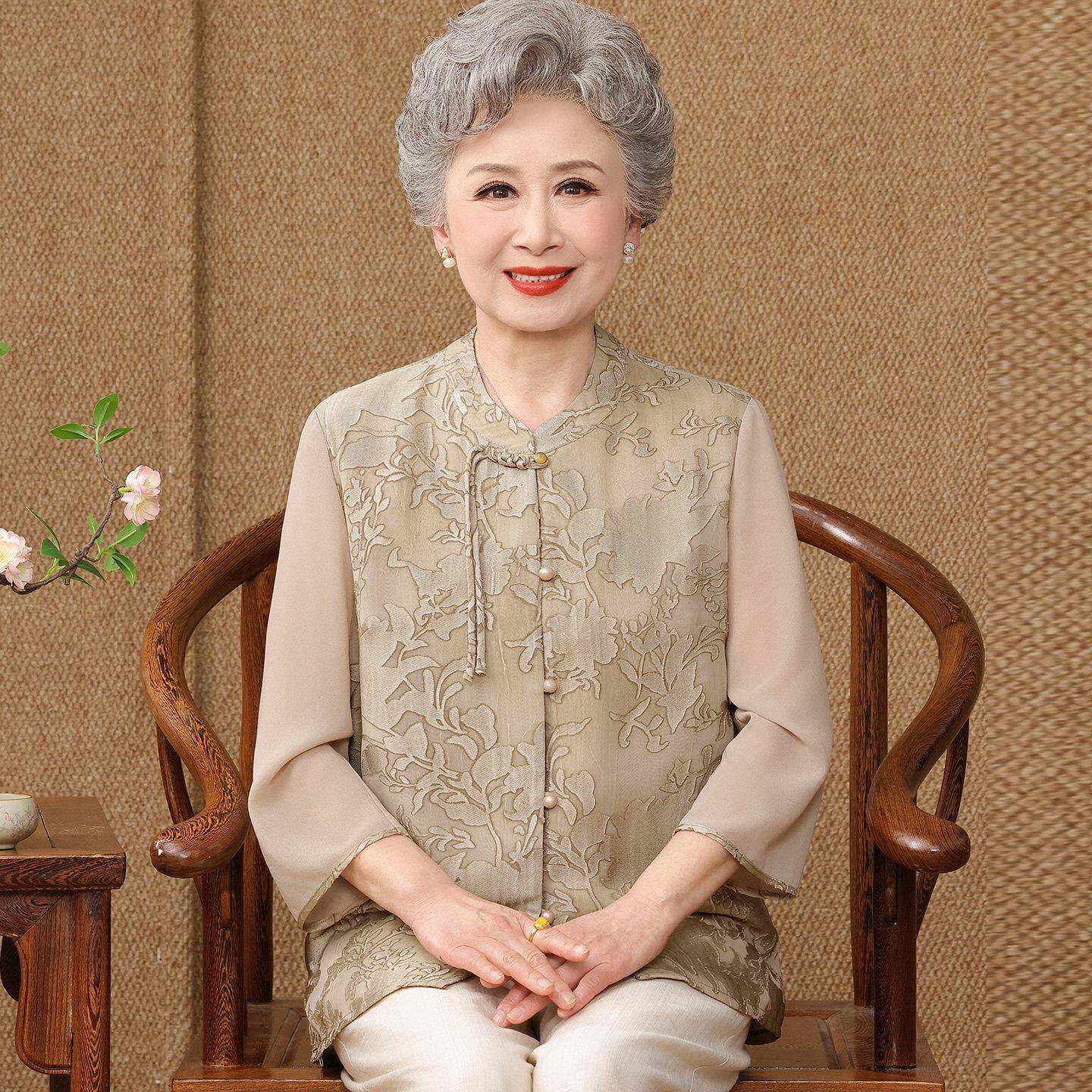 民族风中老年人衬衫女开衫夏装桑蚕丝100%奶奶透气真丝立领上衣薄