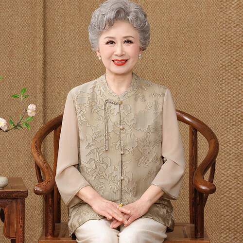 民族风中老年人衬衫女开衫夏装桑蚕丝100%奶奶透气真丝立领上衣薄