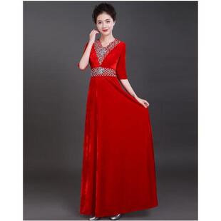 高档新款合唱大服唱演出服装女合长裙成人金丝绒中礼老年合唱团指