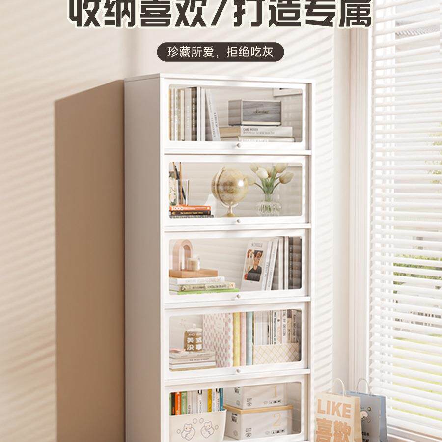 家用钢制书柜带玻璃门展示柜儿童防尘书架铁艺置物架铁皮柜绢花