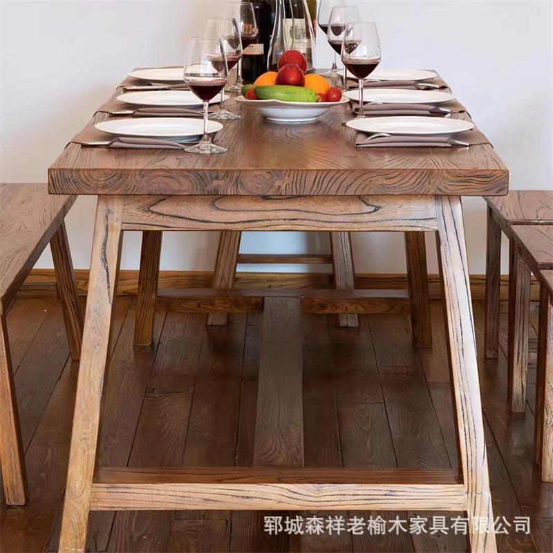 复古老榆木餐桌现代原木家具长方形吃饭台中式客厅喝茶桌椅组合