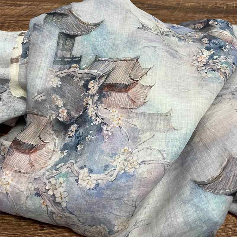 中式印花纯苎麻面料服装连衣裙袍子汉服上衣夏季薄款布料 寻画