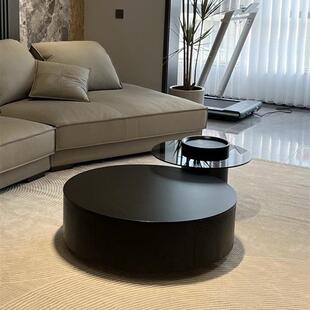 实木纯黑岩板大小圆现代意式 简约小户型钢化玻璃伸缩组合高端茶几