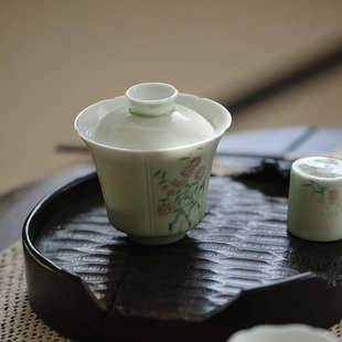 果青釉下彩手绘雏菊盖碗景德镇手工陶瓷泡茶碗茶杯功夫茶具 无落
