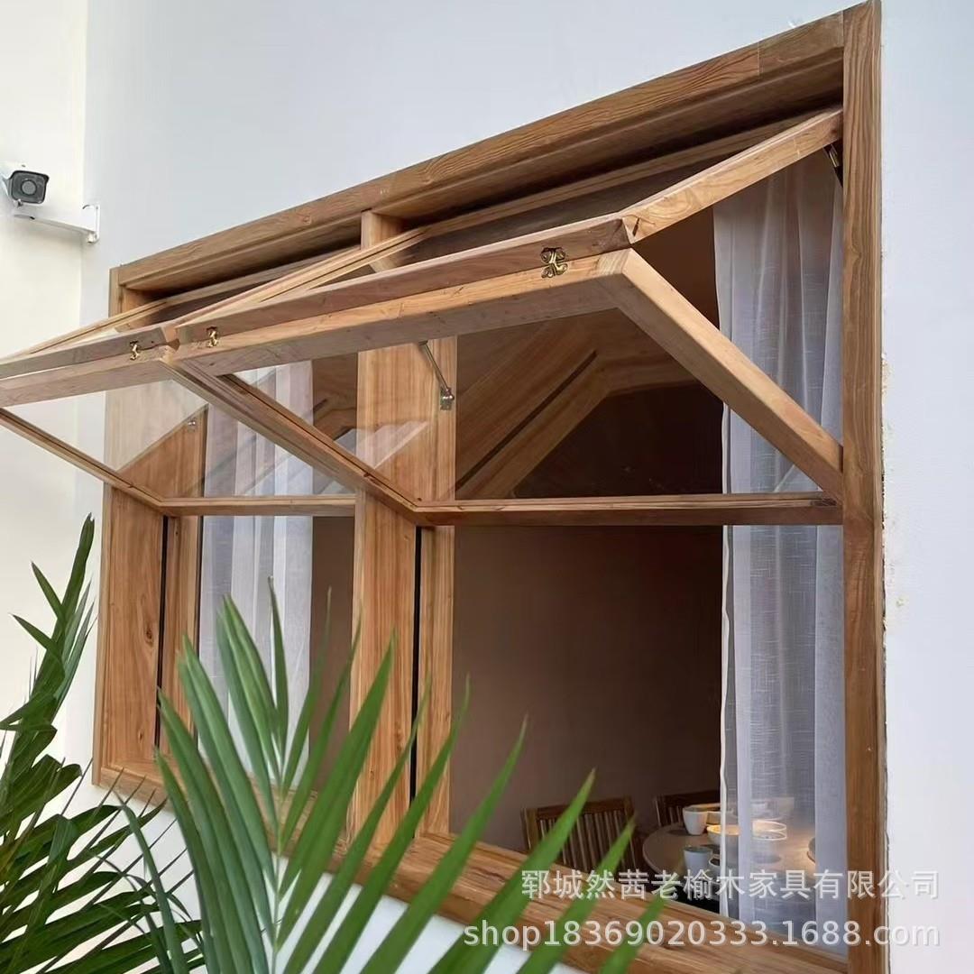 老榆木窗户街边咖啡厅装饰推拉窗户做旧拱形窗户原木可折叠窗户框