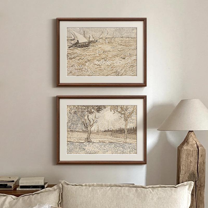 梵高素描风景画组合画法式复古艺术客厅装饰画中古风玄关斗柜挂画