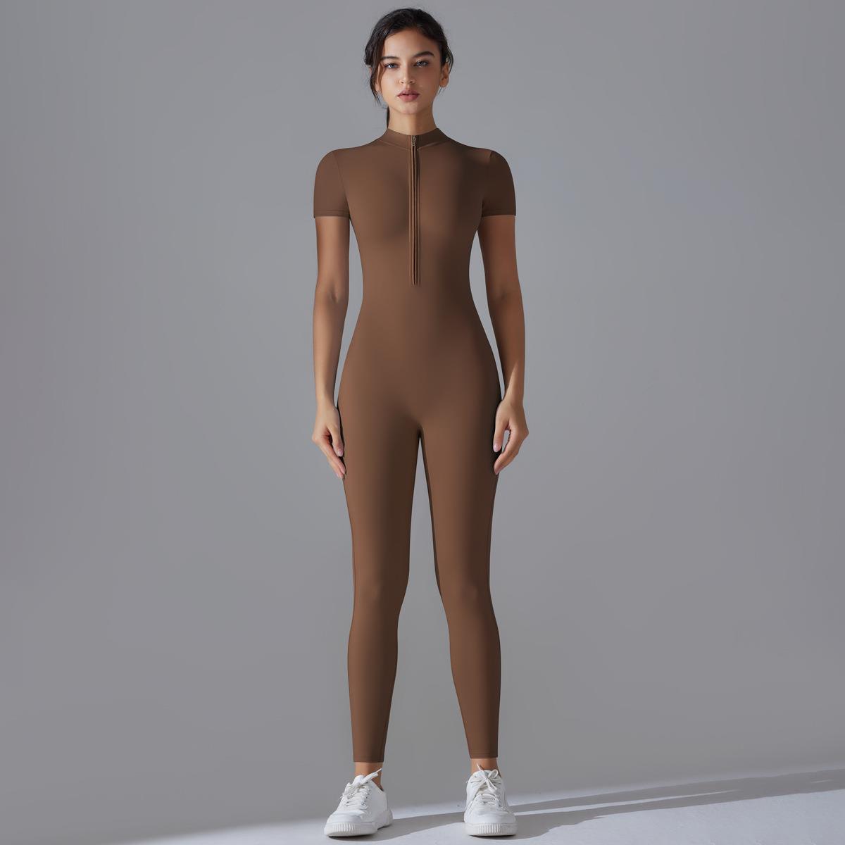 Solid color zipper tight high elastic short-sleeved