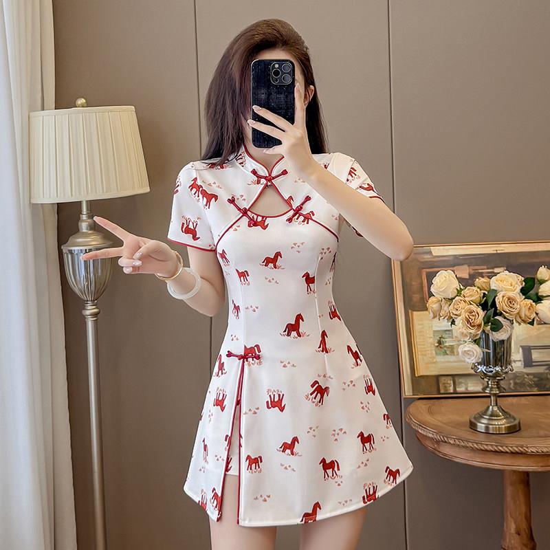 红色旗袍女新中式足疗足浴技师工作服套装采耳师服装国风茶服