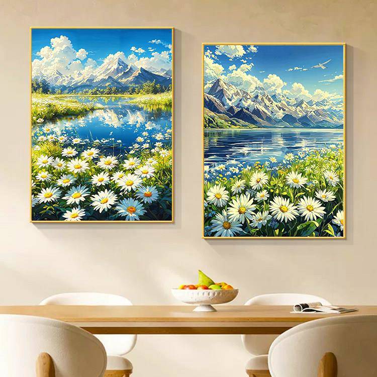 宫崎骏治愈系小雏菊风景装饰画北欧乡村雪山蓝天白云客厅玄关挂画