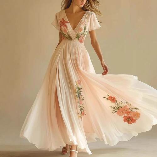 Women's collar, short sleeved dress, long skirt