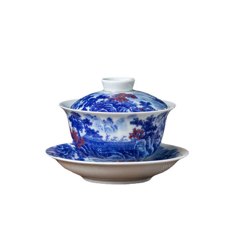 景德镇七丞堂仿古泥青花釉里红山水家用泡茶三才陶瓷盖碗茶具茶杯