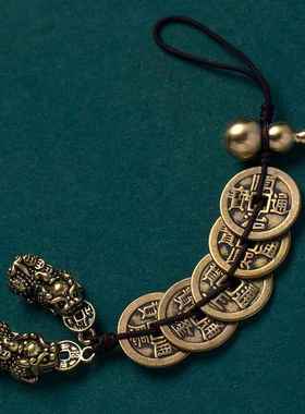 纯黄铜五帝钱貔貅挂件葫芦串平安室内物件镇宅门对门挂铜钱摆件