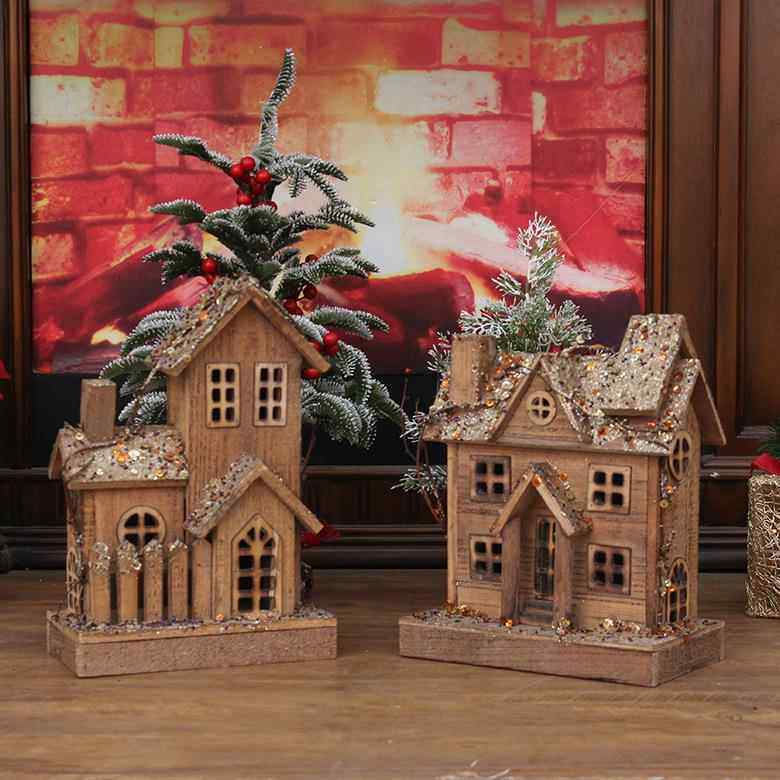 木质圣诞房子圣诞发光雪屋雪房子场景布置装饰前台桌面摆件