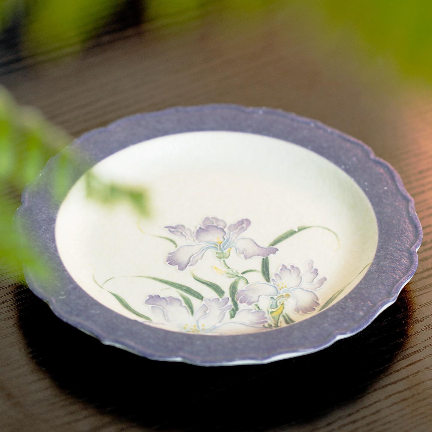 墨己火石红暮云紫手绘鸢尾花仿古陶瓷家用壶承茶道配件茶点盘壶托