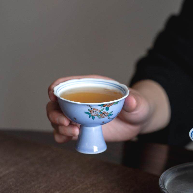 白瓷手绘木槿花高脚杯陶瓷茶具功夫主人高足杯家用喝茶品茗杯单杯