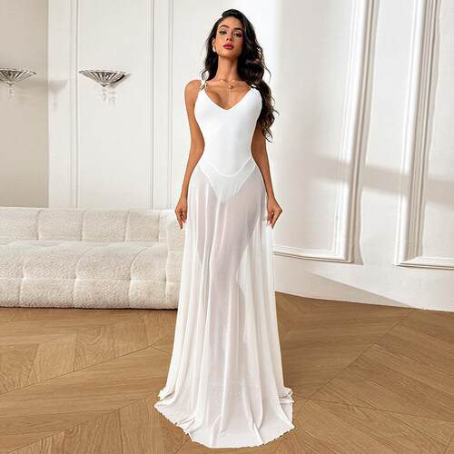 Women's Plain Deep V Neck Tulle Cami Dress Elegant