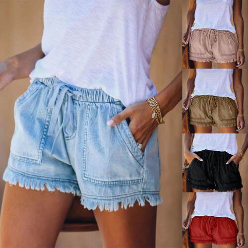 Women's elastic waist multi pocket pants, high waist