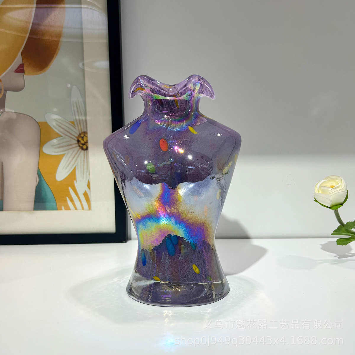 彩色珠光艺术琉璃美人花瓶家居软装插花水培样板间高级感装饰摆件