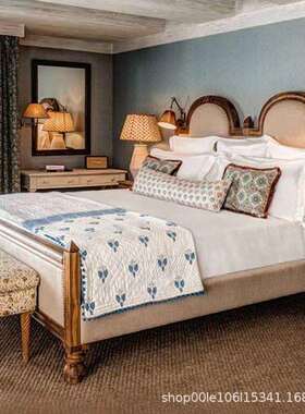 美式实木复古中古卧室酒店民宿雕花拱形小户型高背软靠公主双人床