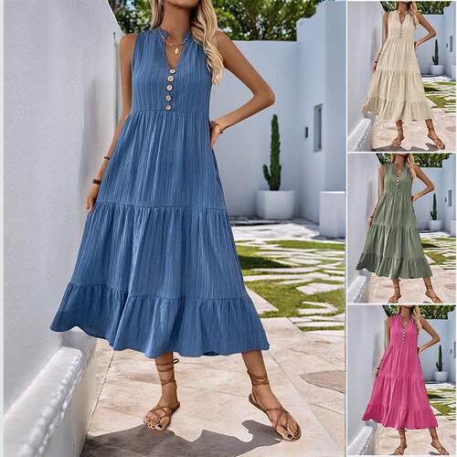 Mid length skirt with stand up collar and sleeveless dress