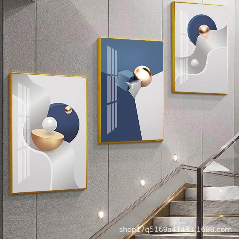 几何莫兰迪装饰画简约客厅沙发楼梯间壁画蓝色抽象晶瓷北欧风挂画