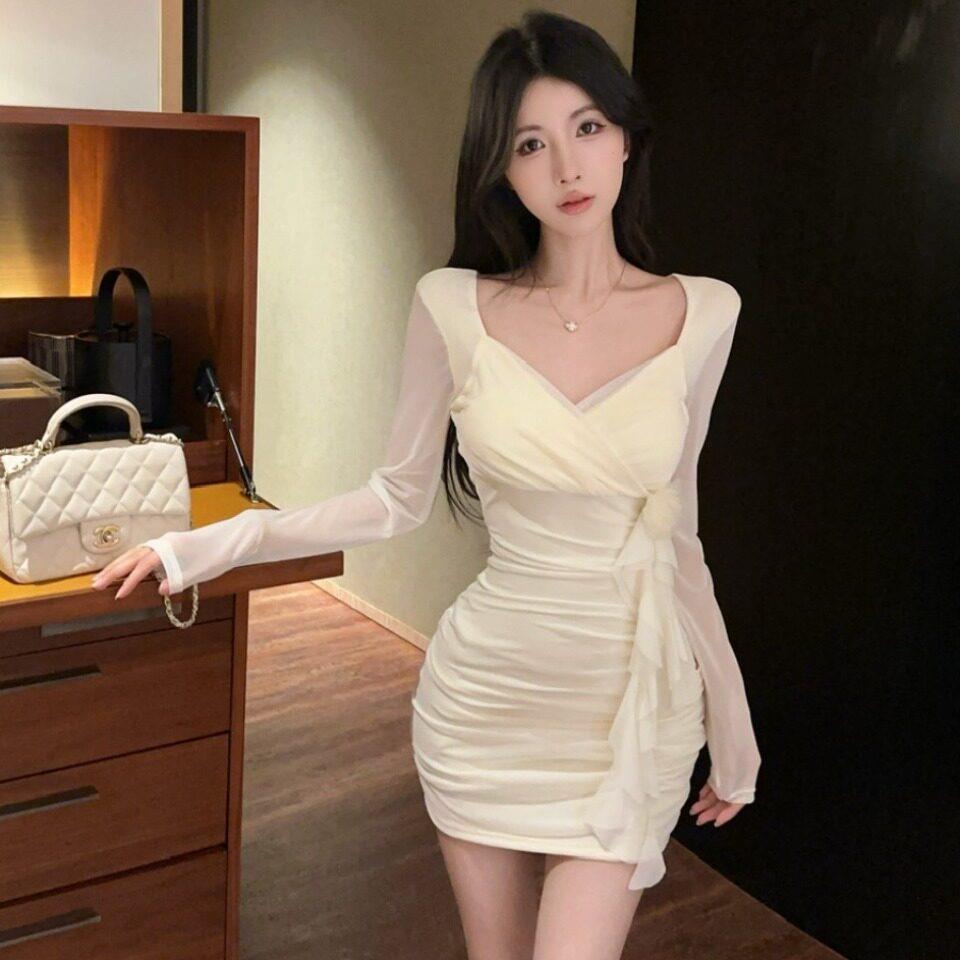 夜场工作服性感显胸长袖连衣裙女秋季新款辣妹荷叶边收腰包臀短裙