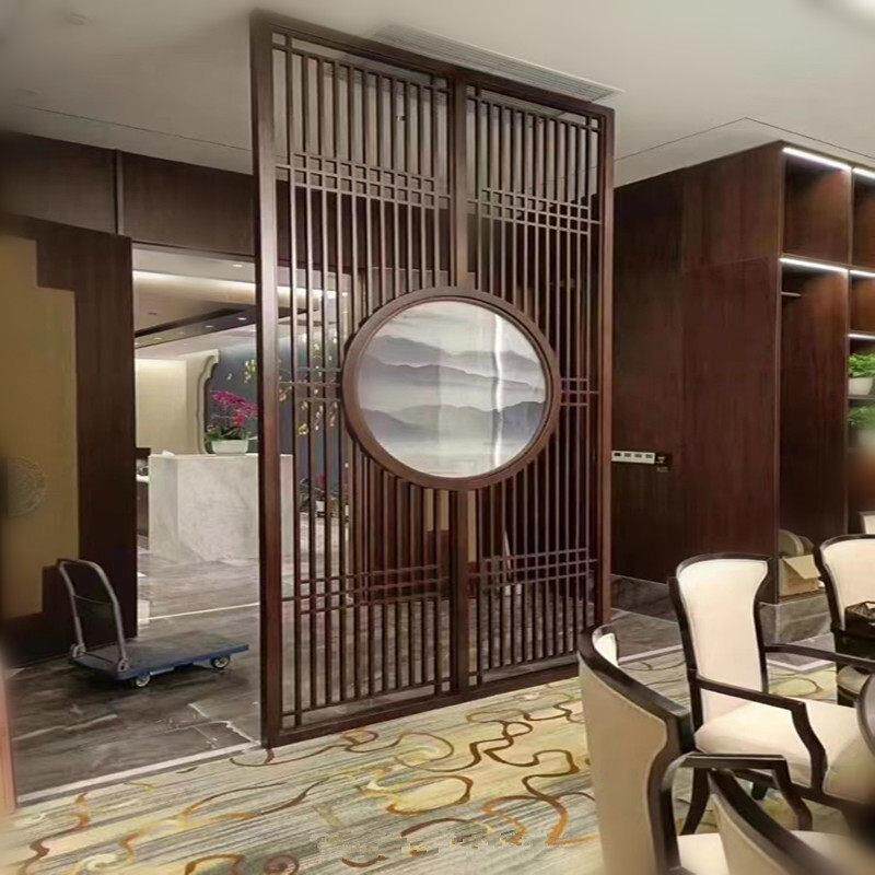 东阳木雕定制实木格栅屏风入户背景墙卧室新中式玄关隔断镂空花格