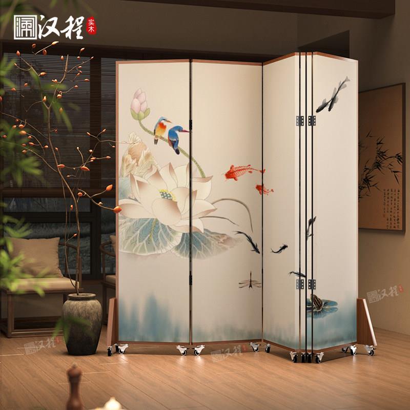 屏风折叠移动新中式隔断客厅卧室进门遮挡家用带滑轮实木入户玄关