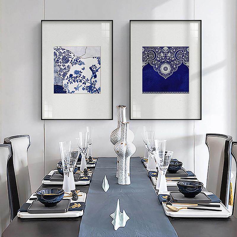 青花墨海新中式客厅三联装饰画蓝色青花瓷挂画中国风餐厅背景壁画