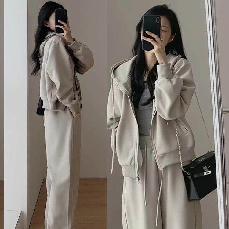 欧洲站秋冬时尚运动套装女显瘦减龄阔腿裤连帽跑步休闲卫衣两件套