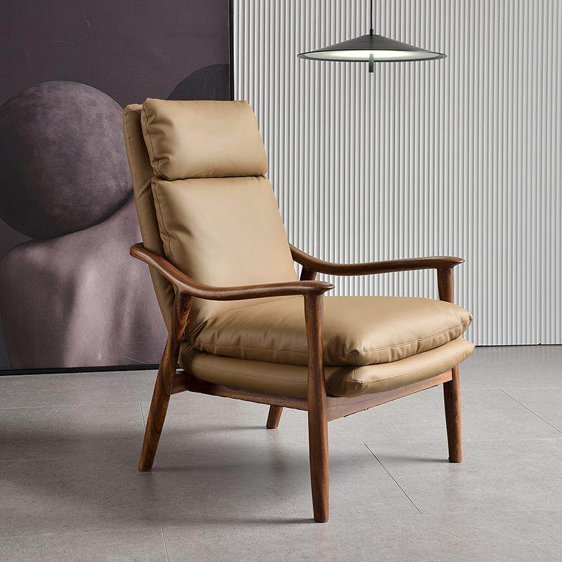 高档黑胡桃实木休闲椅简约现代客木懒台人靠背牛皮沙发椅阳单人躺