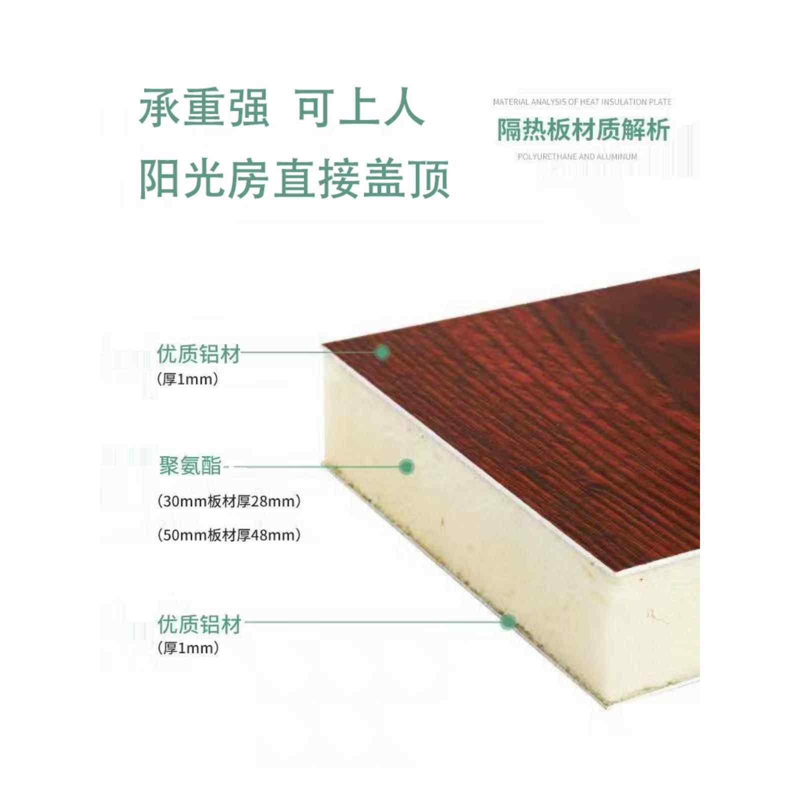 阳光房隔热板保温板玻璃房屋顶聚氨酯夹芯板覆合板铝合金防火板