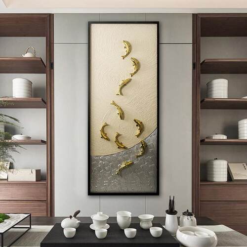 轻奢新中式入户九鱼图玄关装饰画房屋过道走廊竖版3d立体挂画实物