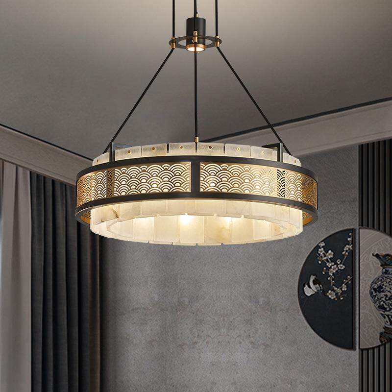 新中式全铜云石吊灯客厅灯别墅复式楼卧室餐厅灯复古大气高档灯具