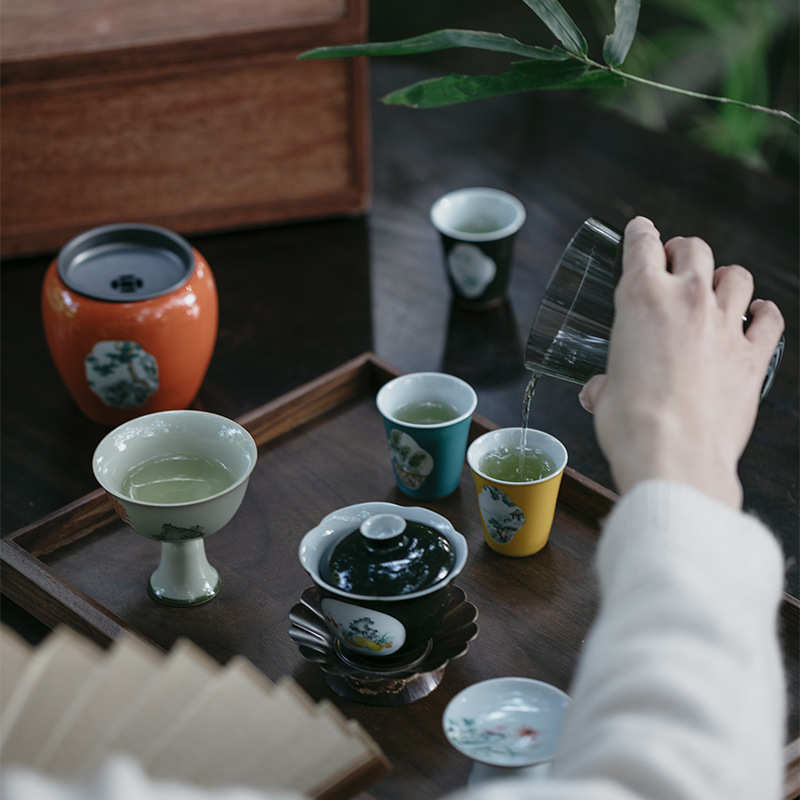 无落 景德镇柘黄釉精工釉下开窗凉亭斜阳茶杯功夫茶具小品茗杯