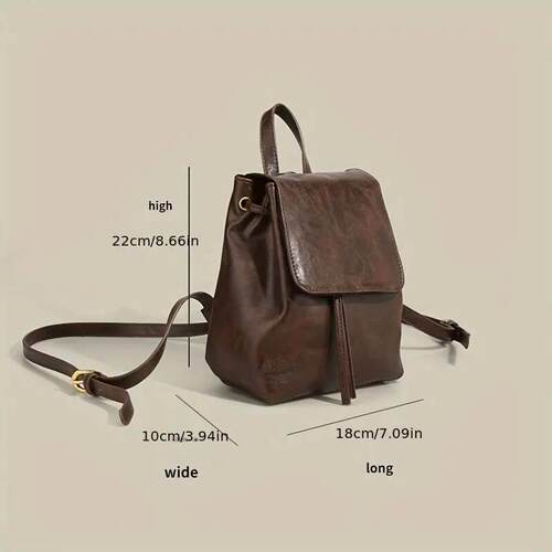 Small Drawstring Flap Backpack Women Mini PU Leather Texture