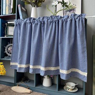 厨房小格子半帘窗帘门帘美式乡村穿杆半截小窗帘咖啡帘柜帘遮挡帘