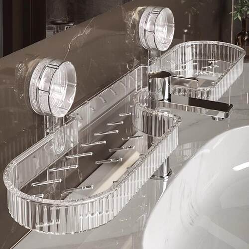 Bathroom shelf with suction cup faucet, wall-mounted storage