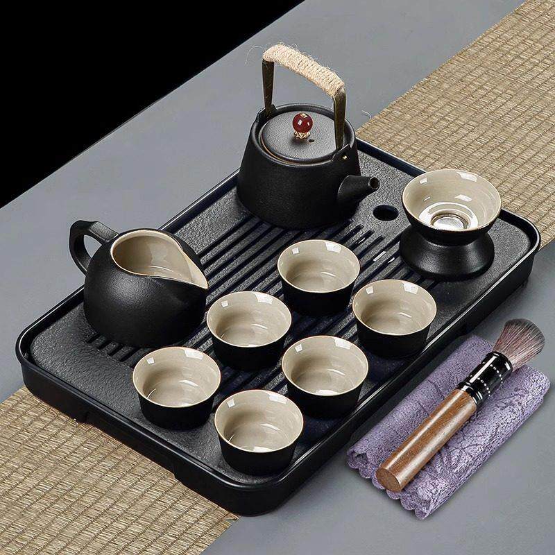 黑陶功夫茶具组日式手工提梁壶 德化陶瓷防烫茶具礼盒