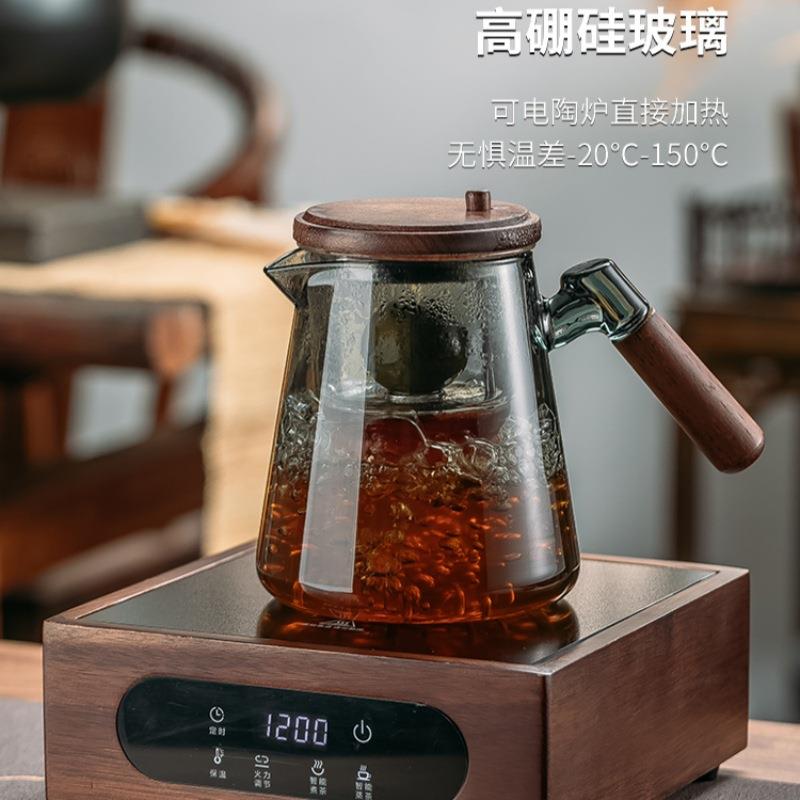 透明玻璃胆胡桃飘逸内壶带盖一过键茶壶式茶水分离滤木透黑泡茶壶