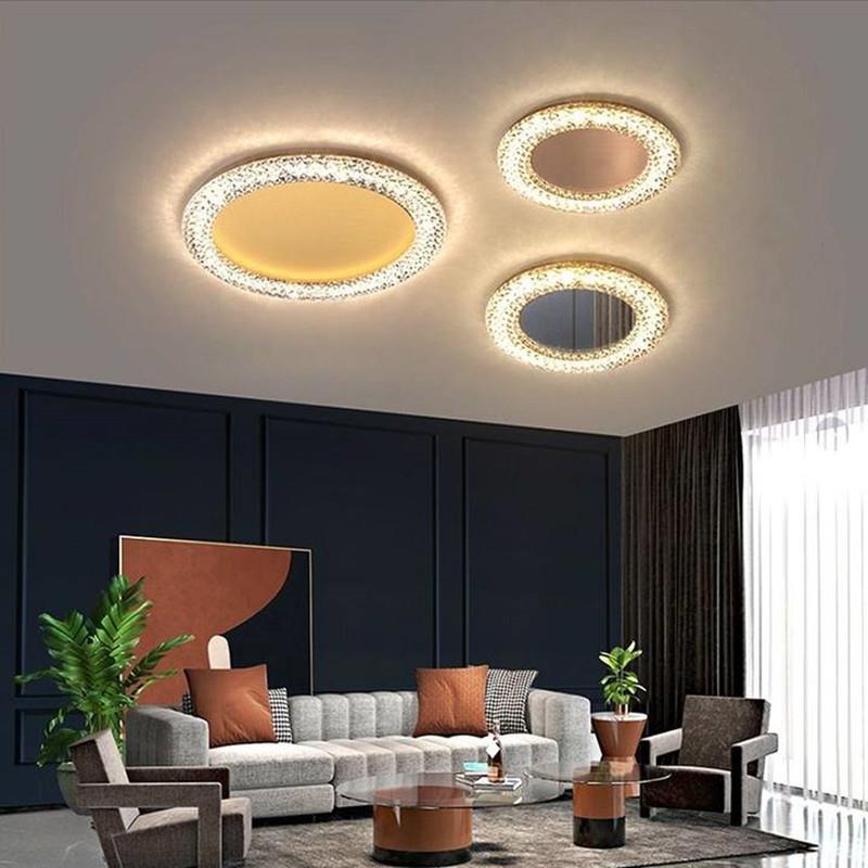 轻奢卧室吸顶灯新款简约大气不锈钢镜面圆形水晶灯高档客厅书房灯